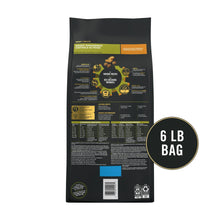 Purina Pro Plan dry dog food bag back label, 6 lb bag size badge