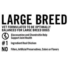 Dry dog food bag label text: Large Breed, vet formulated, joint health support