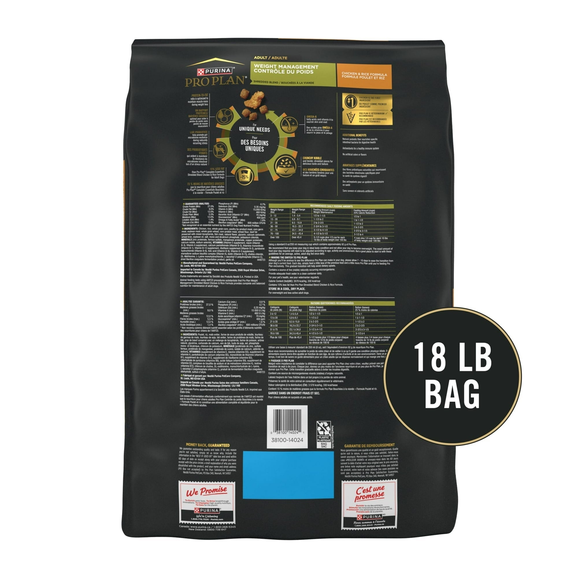 Purina Pro Plan Weight Management Dry Dog Food, Shredded Chicken and Rice, High-Protein Kibble with Probiotics