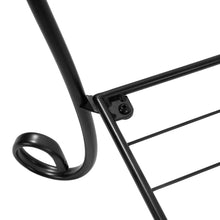 Black metal plant stand leg with bracket hardware and curved scroll-style base.