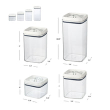 Set of square food containers with clear bodies and white lids, size diagram