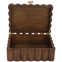 Scalloped wooden jewelry box with lid open, showing empty interior compartments.