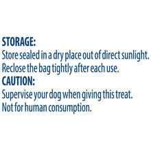 Golden Rewards dog jerky treats bag, storage and caution instructions panel