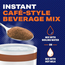 Instant café-style beverage mix scoop and mix with boiling water or hot milk icons