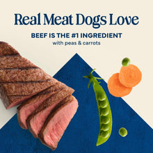 Real meat dog food theme graphic with beef slices and peas and carrots beside roll