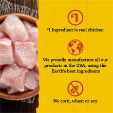 Dog treat pouch with real chicken ingredient callout and no corn icon