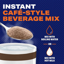 Instant cafe-style beverage mix graphic with mix icons and boiling water or hot milk.