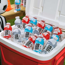 Sports Drink Zero bottles in a red cooler, assorted blue and red bottles