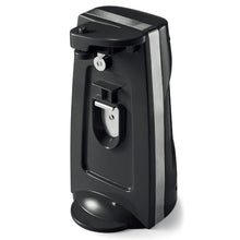 Black electric can opener and bottle opener, angled side view with lever