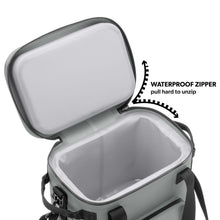 Grey cooler with waterproof zipper lid and open top compartment