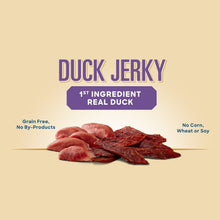 Duck jerky dog treats pack front with real duck badge and dried pieces