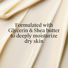 Moisturizer cream swatch labeled with Glycerin and Shea butter for deep hydration