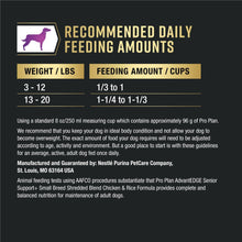 Recommended daily feeding amounts chart for dry dog food by weight and cups