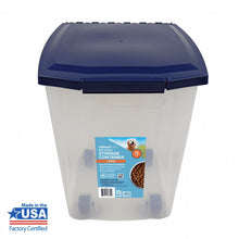 Dog food storage pail with blue lid and label on white body