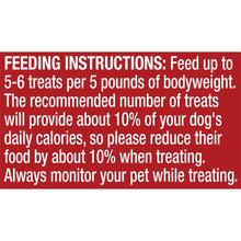 Feeding instructions for dog training treats: 5–6 per 5 lb bodyweight