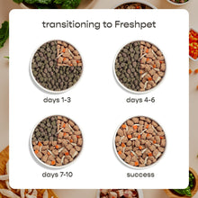 Dog food transition chart with four bowls labeled days 1-3, 4-6, 7-10