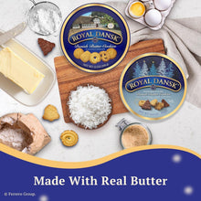 Royal Dansk butter cookie tins with butter slices, coconut, and cookie pieces