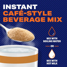 Instant cafe-style beverage mix powder in spoon with mix-with-water or hot-milk icons