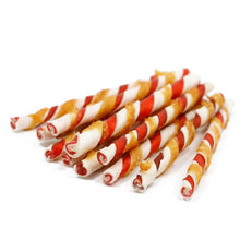 Chicken-flavored twisted dog treats, red and white striped, bundled