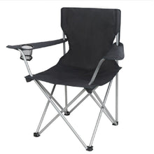 Black quad folding camp chair with padded back and arm cup holder