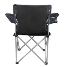 Black quad folding camp chair with gray X-frame and arm cup holder rest pads