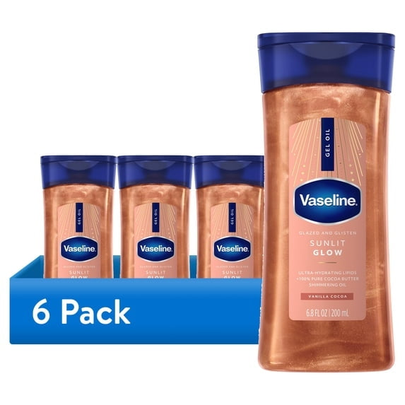 (2 pack) Vaseline Glazed & Glisten Sunlit Glow Vanilla Cocoa Shimmering Body Gel Oil with Ultra-Hydrating Lipids and 100% Pure Cocoa Butter, 6.8 fl Oz