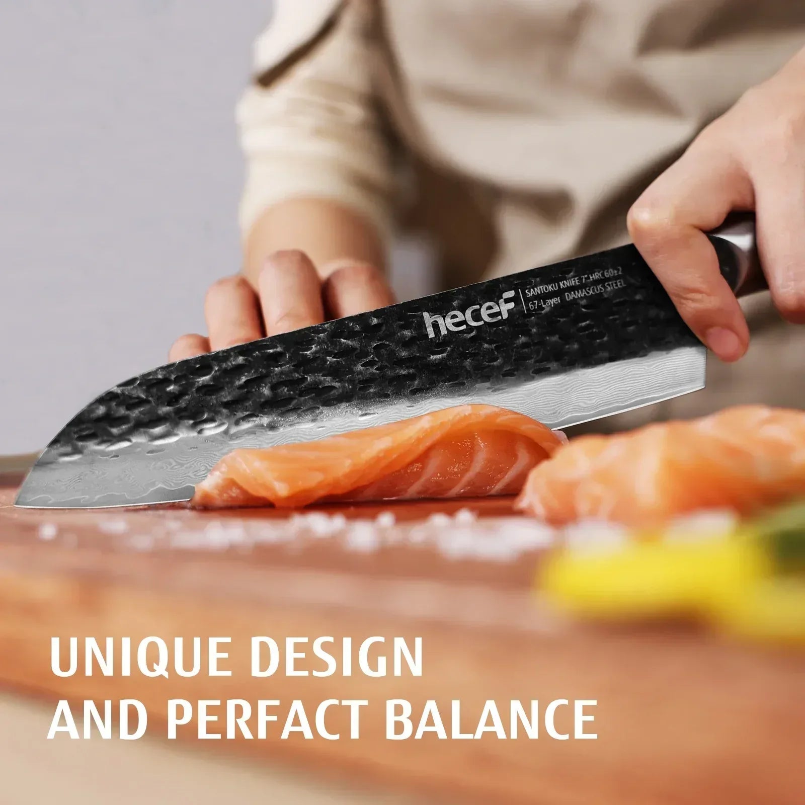 Hecef Japanese Chef Knife, Forged 67-Layer Damascus Steel Ultra Sharp Professional Hammered Carving Knife