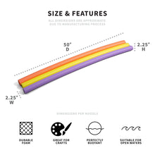 Swim pool noodle size & features diagram with 50-inch length and 2.25-inch width