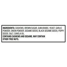 Ingredient panel listing cashews, seasonings, and sesame; may contain other tree nuts