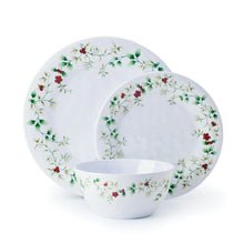 Melamine dinner plate and bowl set with white base and red berry holly floral trim