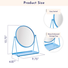 Blue round tabletop mirror size diagram with metal tray base