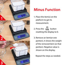 Black digital kitchen scale with blue LCD and clear container on top platform