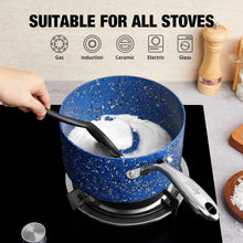 Blue speckled 1-qt nonstick saucepan with lid on stovetop, metal spoon inside