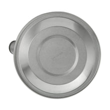 Stainless steel kettle base with centered disc, underside view in silver