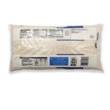 Back label on long grain enriched rice bag with barcode and nutrition facts