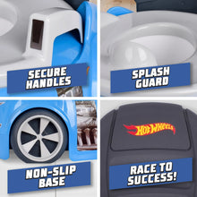 Blue race car potty trainer close-up of wheels, handles, and Hot Wheels lid