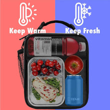 Black insulated lunch bag open with food containers and a water bottle inside