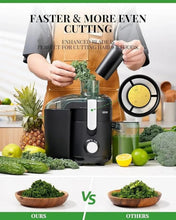 Black centrifugal juicer with clear pulp container and ingredient pusher on countertop.