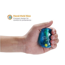 Blue handheld pencil sharpener held in one hand, compact Twist-N-Sharp design