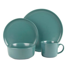 Emerald green stoneware plates with shallow bowl and handle mug