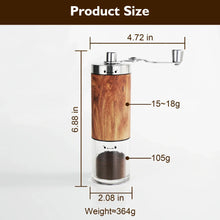 Manual coffee grinder with wooden body and stainless crank handles, size diagram view
