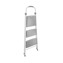 3-step step stool with white frame and three gray ribbed tread steps