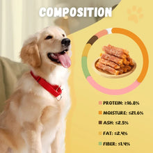 Dog beside sweet potato and chicken chew sticks, composition nutrition graphic