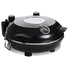 Electric countertop pizza oven in black with circular viewing lid and control knob.
