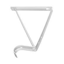 White closet rod bracket with triangular metal support frame and curved rod hook