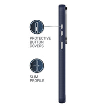 Metallic blue phone case side view with slim profile and button-cover openings