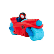 Red and light-blue Spidey racer vehicle with black eye goggles and blue wheel hubs