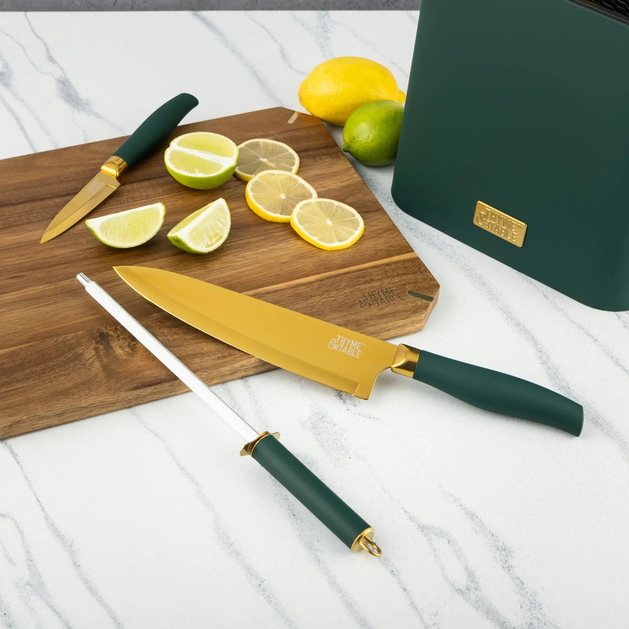 Thyme & Table 7-Piece Slim Block Knife Set with Gold Blades and Blue Block