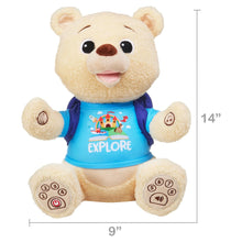 Plush bear toy wearing blue Explore T-shirt with numbered buttons on paws
