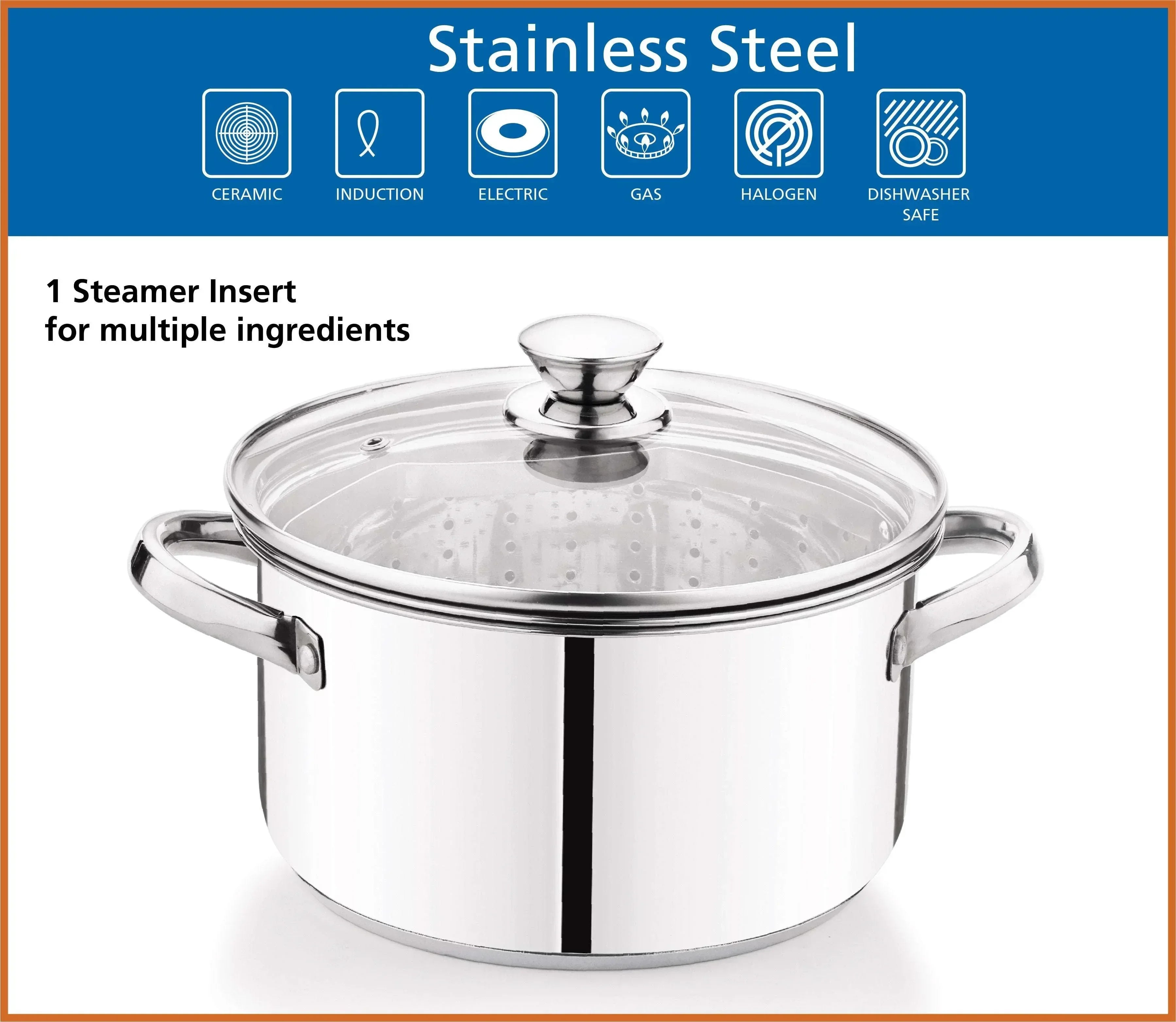 Mainstays Stainless Steel 4-Quart Steamer Pot with Glass Lid, Induction Compatible, Dishwasher Safe, Veggies, Fish